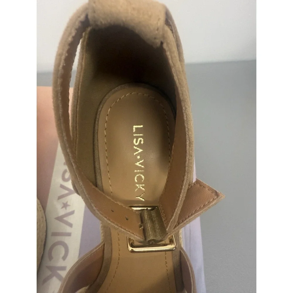 New Lisa Vicky Wedge Sandals Cognac Kid‎ Suede 8.5 M Cross-Strap Espadrille Heel